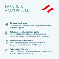 Grafika o czystości BIOGENA z informacjami o 20 latach doświadczenia, pracy ręcznej i technologii high-tech, wysokiej biodostępności oraz produkcji w Austrii.