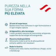 Grafika o czystości BIOGENA z informacjami o 20 latach doświadczenia, pracy ręcznej i technologii high-tech, wysokiej biodostępności oraz produkcji w Austrii.