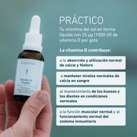 Krople witaminy D3 BIOGENA trzymane w dłoni, z informacjami o 25 µg witaminy D w kropli oraz wsparciu kości, zębów, mięśni i układu odpornościowego.