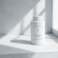 BIOGENA DiaAntioxidans Formula flacon din plastic, suprafață de marmură albă, lumină solară, umbră de fereastră