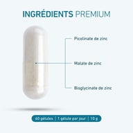 Biała kapsułka Biogena DreiSalz® Cynk 9 mg. Składniki: cynk pikolinian, cynk malat, cynk bisglicynian.