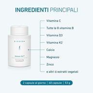 Opakowanie BIOGENA Immun 24/7 z przeglądem głównych składników, takich jak witamina C, witaminy z grupy B, witamina D3, witamina K2, wapń, magnez, cynk i substancje roślinne.