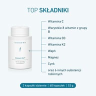 Opakowanie BIOGENA Immun 24/7 z przeglądem głównych składników, takich jak witamina C, witaminy z grupy B, witamina D3, witamina K2, wapń, magnez, cynk i substancje roślinne.