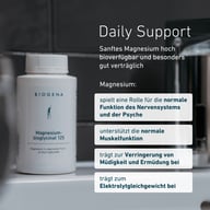 Flacon de Magnésium bisglycinate 125 tenu par une main. Contribue à la fonction musculaire et nerveuse, au bien-être psychique, au maintien des os, réduit fatigue et épuisement, et soutient l’équilibre électrolytique