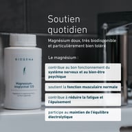 Flacon de Magnésium bisglycinate 125 tenu par une main. Contribue à la fonction musculaire et nerveuse, au bien-être psychique, au maintien des os, réduit fatigue et épuisement, et soutient l’équilibre électrolytique