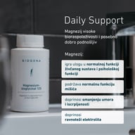 Bočica BIOGENA Magnesium bisglicinat 125 na kupaonskoj polici. Magnezij visoke bioraspoloživosti doprinosi normalnoj funkciji živčanog sustava i mišića, ravnoteži elektrolita te smanjenju umora i iscrpljenosti.
