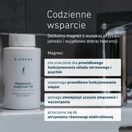 Bisglicynian magnezu o wysokiej przyswajalności i bardzo dobrej tolerancji. Magnez wspiera prawidłowe funkcjonowanie układu nerwowego i mięśni, pomaga zmniejszyć uczucie zmęczenia oraz przyczynia się do utrzymania równow