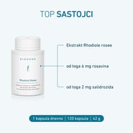 Opakowanie BIOGENA Rhodiola Rosea z przeglądem głównych składników: ekstrakt z różeńca górskiego z 6 mg rozawin i 2 mg salidrozydów.
