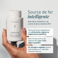 Opakowanie BIOGENA SmartFerrin B12 trzymane w dłoni, z informacjami o inteligentnym uzupełnianiu żelaza z witaminą C, miedzią i witaminą B12.