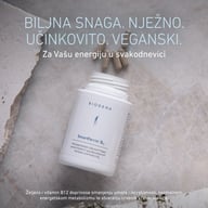 Opakowanie BIOGENA SmartFerrin B12 na kamiennej powierzchni z kapsułkami, z informacją o roślinnym, wegańskim wsparciu żelaza dla codziennej energii.