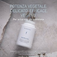 Opakowanie BIOGENA SmartFerrin B12 na kamiennej powierzchni z kapsułkami, z informacją o roślinnym, wegańskim wsparciu żelaza dla codziennej energii.