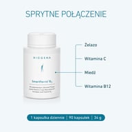 Opakowanie BIOGENA SmartFerrin B12 z przeglądem inteligentnej kombinacji żelaza, witaminy C, miedzi i witaminy B12.