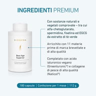 Mano che tiene Biogena Best Age Superior, testo indica 24 ingredienti premium per pelle, metabolismo energetico, nervi, mente e regolazione zucchero nel sangue.