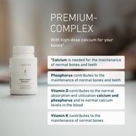 Opakowanie BIOGENA Osteo Calbon Complex z informacjami o kompleksie premium z wysoką dawką wapnia, witaminą D, fosforem i witaminą K dla kości.