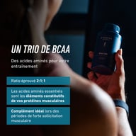BIOGENA SPORTS BCAA 500 flacon plastique, ouvert, gélules, haltère, sol moucheté