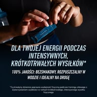 Osoba otwierająca saszetkę kreatyny Biogena Sports. Tekst podkreśla wsparcie przy intensywnym, krótkotrwałym wysiłku, neutralny smak, rozpuszczalność w wodzie i wygodę w podróży. Wzmianka o 3 g kreatyny dziennie.