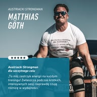 Strongman Matthias Göth podczas wyzwania na świeżym powietrzu. Tekst przedstawia go jako sportowca zaangażowanego społecznie i opisuje pozytywne doświadczenie, podkreślając wsparcie wydolności i dynamiki treningu.