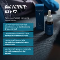 Obraz przedstawia Biogena Sports D3 & K2 liquid w buteleczce z pipetą oraz opakowanie. Podkreślono wsparcie dla kości, mięśni i układu odpornościowego oraz prawidłowego krzepnięcia krwi.
