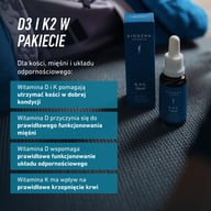 Obraz przedstawia Biogena Sports D3 & K2 liquid w buteleczce z pipetą oraz opakowanie. Podkreślono wsparcie dla kości, mięśni i układu odpornościowego oraz prawidłowego krzepnięcia krwi.