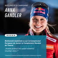 Sportiva Anna Gandler, biatlonistă și campioană, prezintă BIOGENA SPORTS D3 & K2 liquid ca parte din rutina sa zilnică pentru susținerea sistemului imunitar.