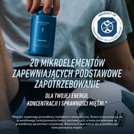 Osoba trzyma „Biogena Sports Essentials” nad piłką nożną. Grafika promuje 20 mikroskładników wspierających energię, koncentrację i funkcjonowanie mięśni oraz znak Kölner Liste®.