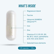 Grafika otwartej kapsułki przedstawiająca składniki Biogena Sports Essentials: mieszanka magnezu, tauryna, ubichinol, żelazo, cynk, witaminy i pierwiastki śladowe. Na dole: 120 kapsułek | 108 g.