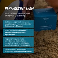 „Biogena Sports Kalium Magnesium Sport” na piasku obok piłki do siatkówki. Grafika przedstawia potas, magnez i L-glutaminę jako wsparcie treningu, mięśni, metabolizmu energetycznego i wytrzymałości.