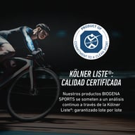 Grafika przedstawiająca kolarza wyczynowego oraz informację o jakości testowanej przez Kolońską Listę®. Podkreślono kompleksowe badania każdej partii produktów Biogena Sports.