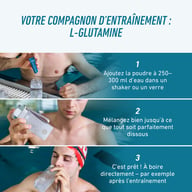 Préparation étape par étape des sticks BIOGENA Sports L-Glutamine 5000 : mélanger la poudre avec 250–300 ml d’eau dans un shaker ou un verre, bien remuer ou secouer, puis consommer directement après l’entraînement ou au 