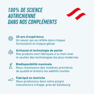 Grafika dotycząca austriackiej nauki i produkcji, podkreślająca doświadczenie, połączenie rzemiosła i technologii, wysoką biodostępność oraz własną manufakturę pod Salzburgiem.