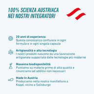 Grafika dotycząca austriackiej nauki i produkcji, podkreślająca doświadczenie, połączenie rzemiosła i technologii, wysoką biodostępność oraz własną manufakturę pod Salzburgiem.