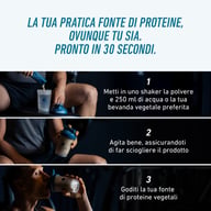 Biogena Sports Vegan Protein Sticks podczas przygotowania: wymieszać proszek z 250 ml wody lub napoju roślinnego w shakerze, dobrze wstrząsnąć i cieszyć się roślinnym źródłem białka. Proste przygotowanie w trzech krokach