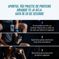 Instrucțiuni de preparare pentru Vegan Protein Sticks: se adaugă pudra în apă sau băutură vegetală, se agită bine și se consumă imediat după antrenament.