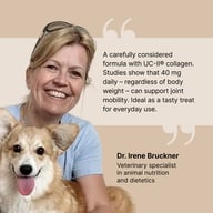 woman with dog, English text, Dr. Irene Bruckner, beige background