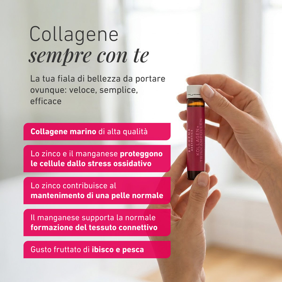 Biogena Aesthetics, PREMIUM KOLLAGEN+ TRINKAMPULLEN, Bottiglia, magenta, SCIENZA PURA. LUMINOSITÀ ECCEZIONALE.