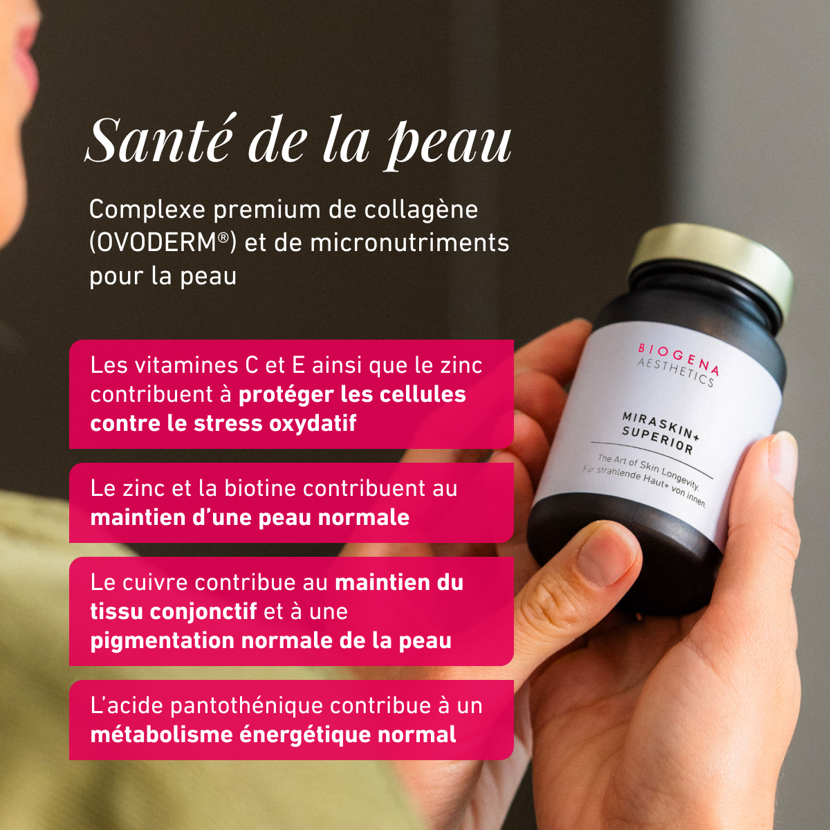 Biogena Aesthetics, MIRASKIN+ SUPERIOR, Bouteille, blanc, L’art de la longévité de la peau. Pour une peau éclatante+ de l’intérieur.