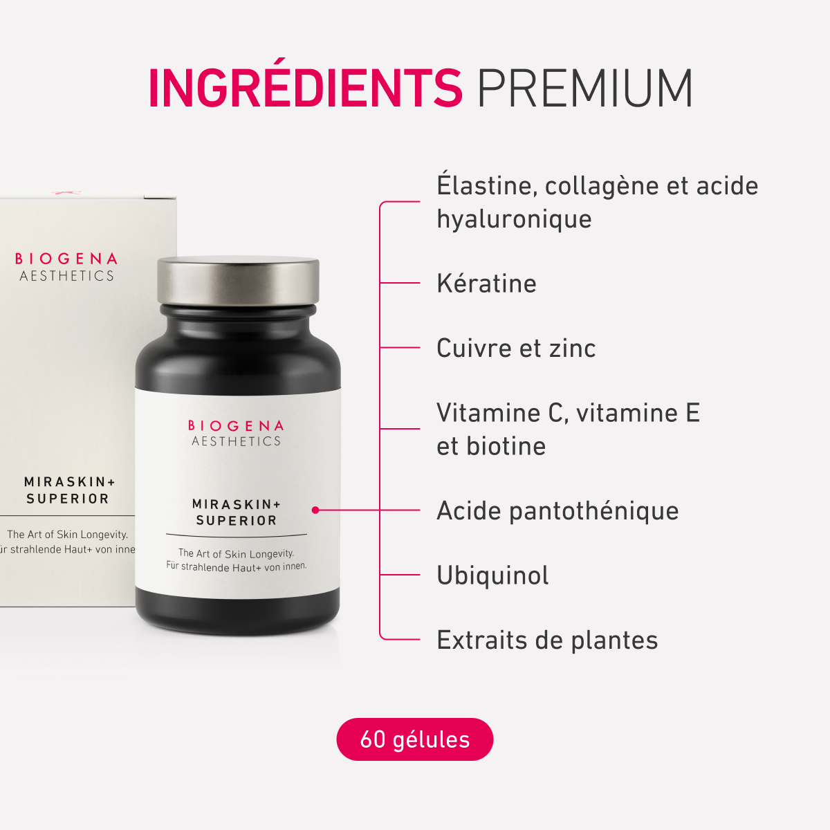 Biogena Aesthetics, MIRASKIN+ SUPERIOR, Bouteille, blanc, L’art de la longévité de la peau. Pour une peau éclatante+ de l’intérieur.