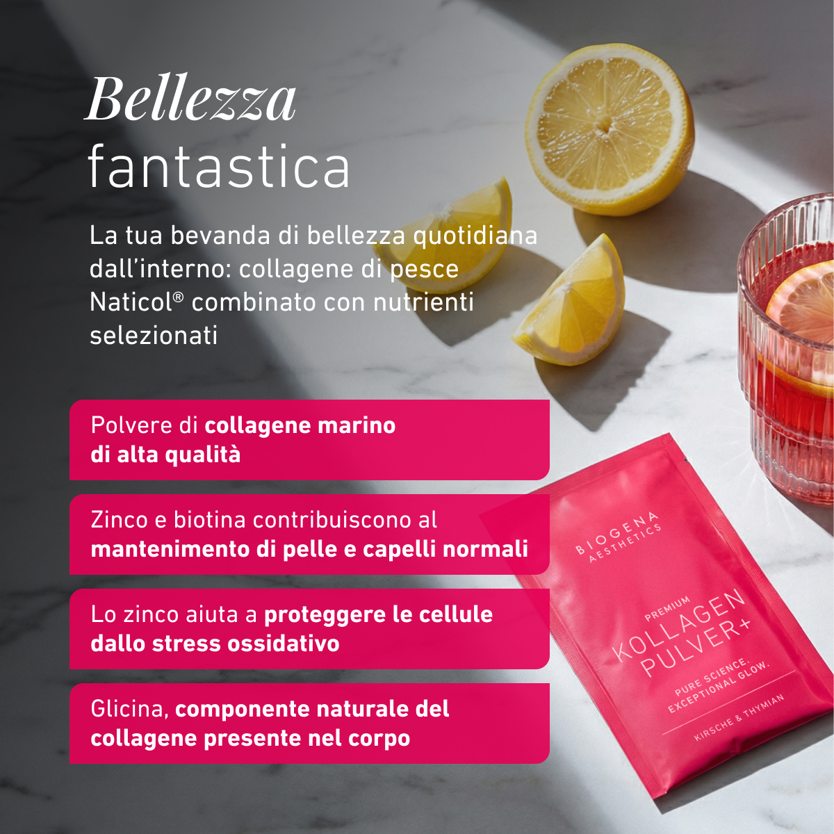 Biogena Aesthetics, KOLLAGEN PULVER+, Sachet, magenta, REINE WISSENSCHAFT. AUSSERGEWÖHNLICHER GLOW.