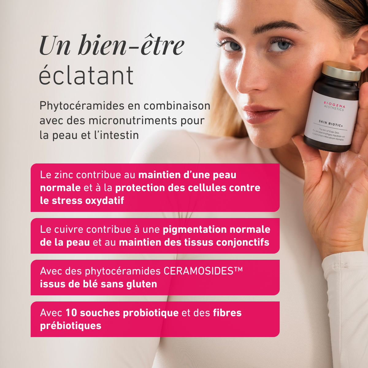 Biogena Aesthetics, SKIN BIOTIC+, Bouteille, blanc, L’art d’une peau uniforme.