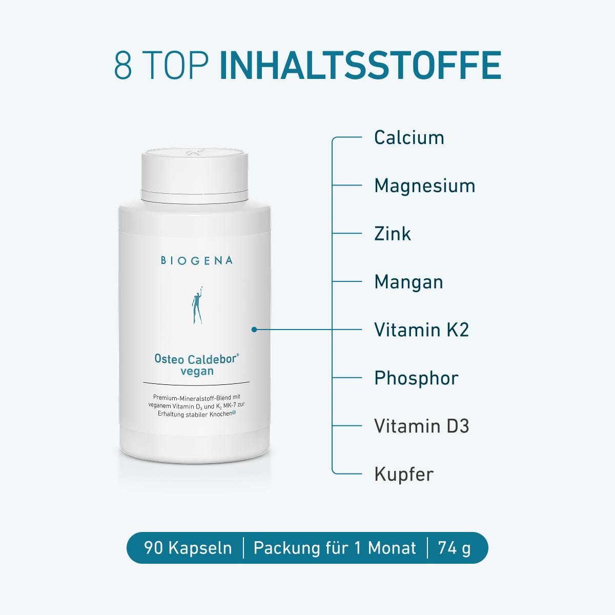 Biogena, Osteo Caldebor® vegan, Flasche, weiß, Premium-Mineralstoff-Blend mit veganem Vitamin D₃ und K₂ MK-7 zur Erhaltung stabiler Knochen®