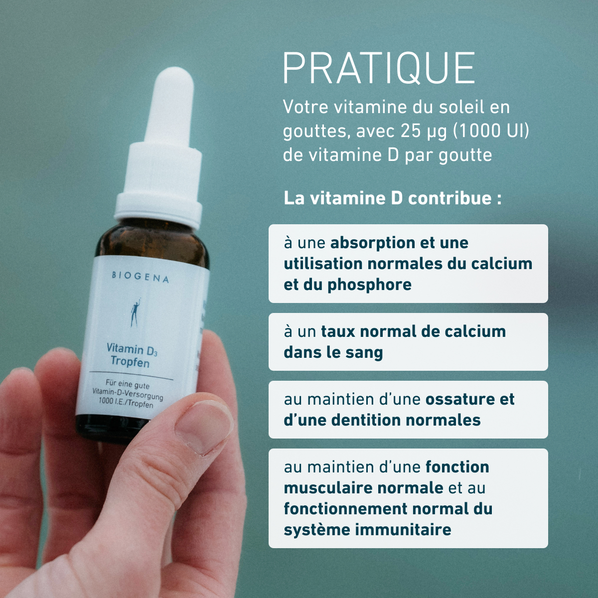Biogena, Vitamin D₃ Tropfen, Bouteille, blanc, Pour un bon apport en vitamine D 1000 UI/goutte