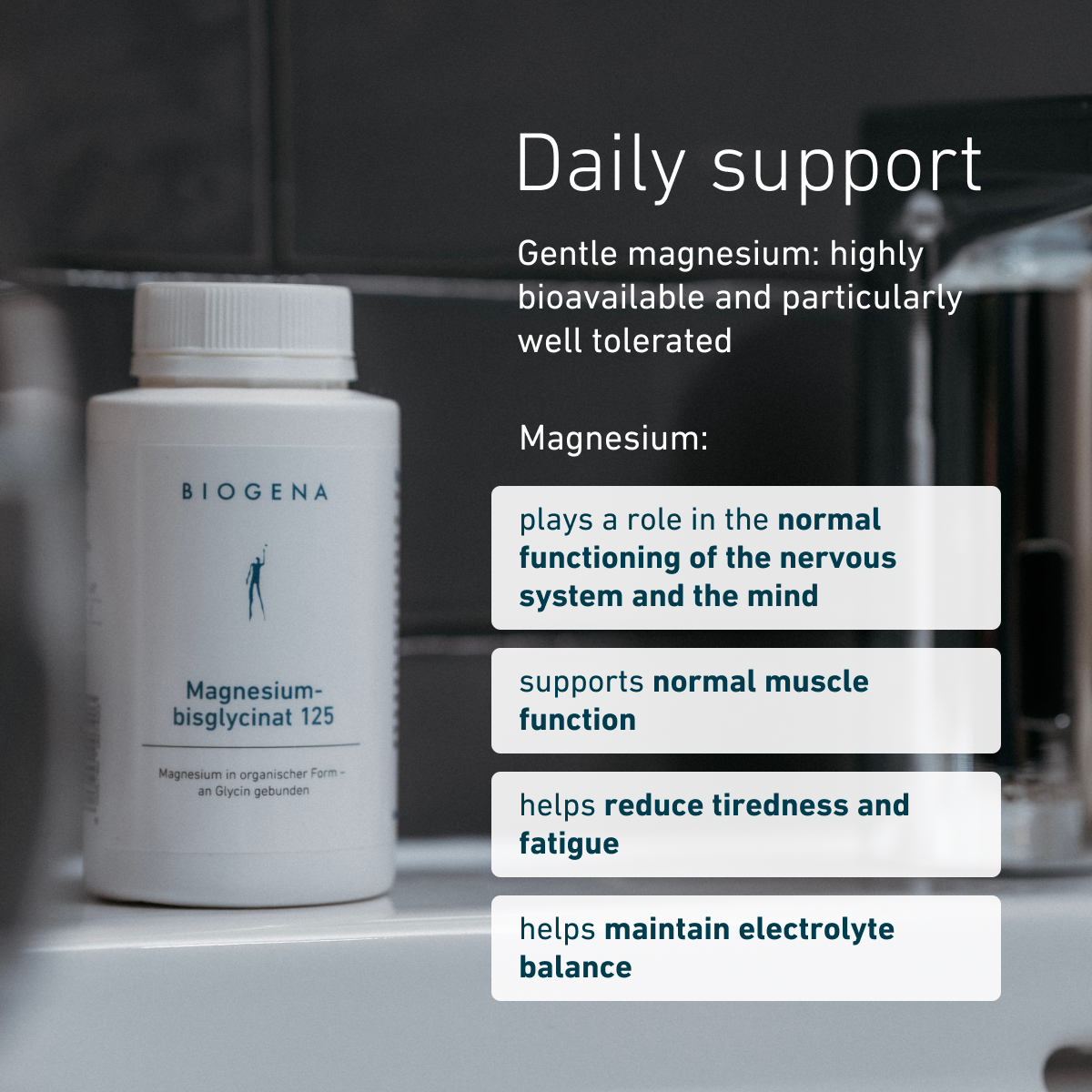 Biogena, Magnesium-bisglycinat 125, Bottle, white, Magnesium in organic form – bound to glycine
