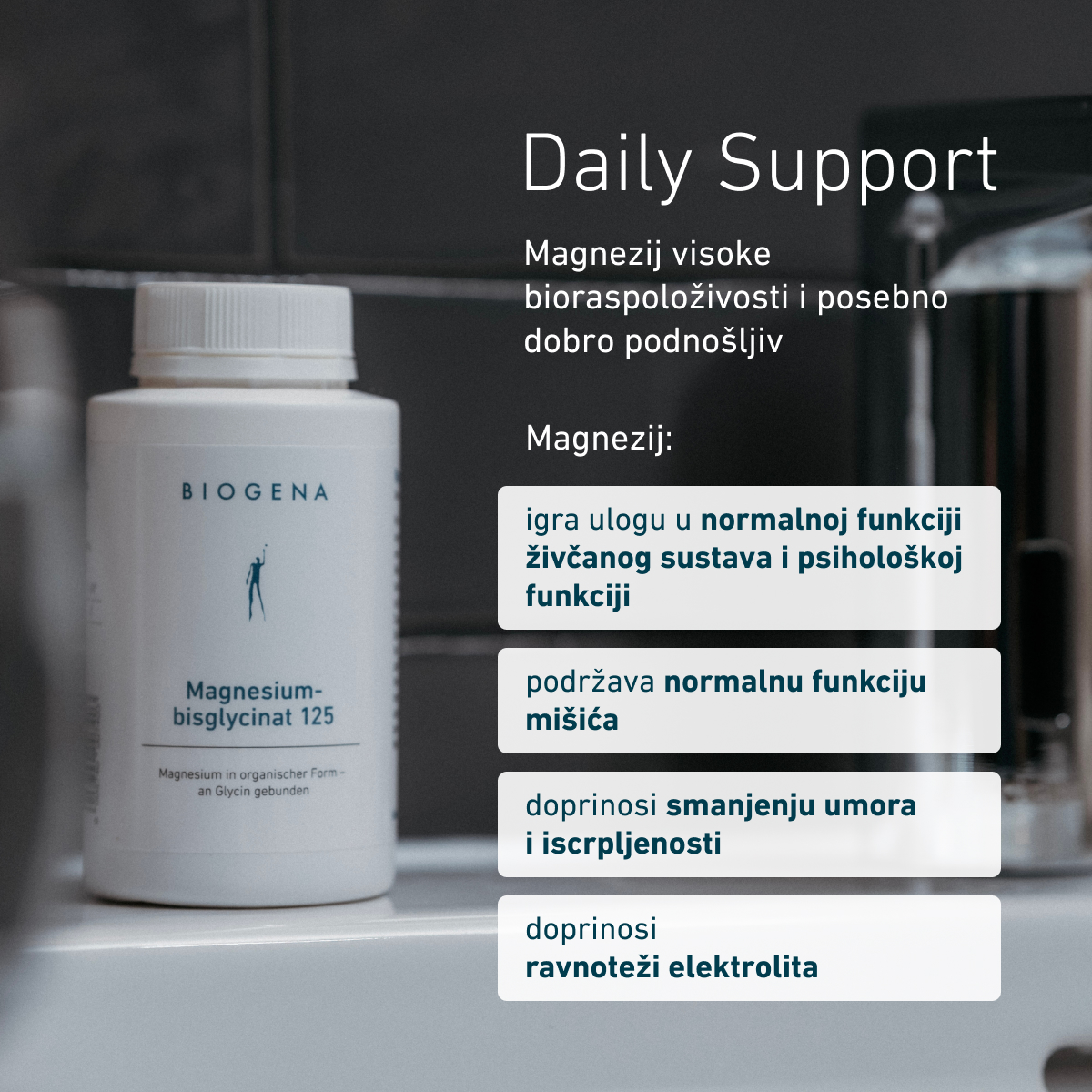 Biogena, Magnesium-bisglycinat 125, Boca, bijela, Magnezij u organskom obliku – vezan na glicin