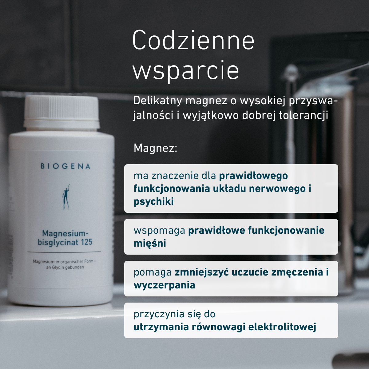 Biogena, Magnesium-bisglycinat 125, Butelka, biały, Magnez w formie organicznej – związany z glicyną