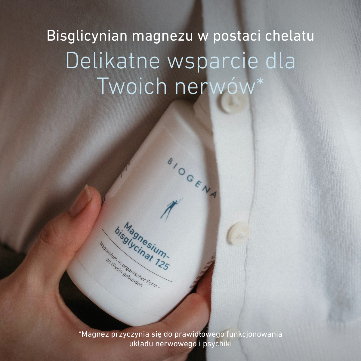 Biogena, Magnesium-bisglycinat 125, Butelka, biały, Magnez w formie organicznej – związany z glicyną
