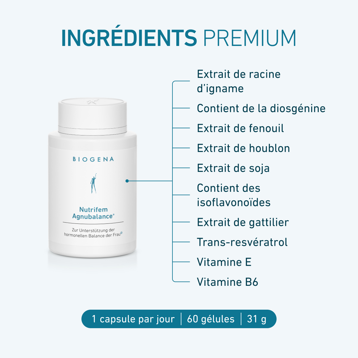Biogena, Nutrifem Agnubalance®, Bouteille, blanc, Pour soutenir l’équilibre hormonal de la femme®