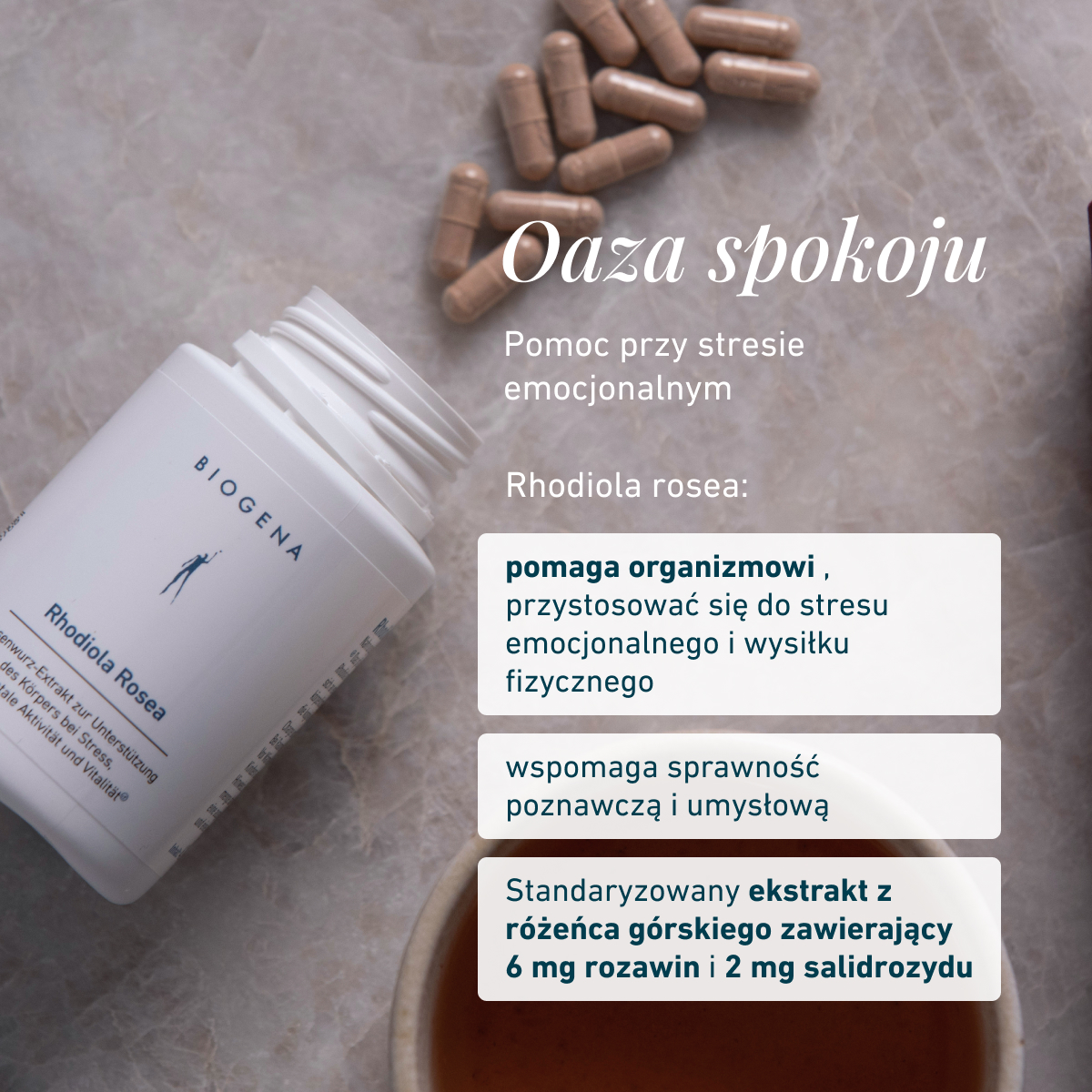 Biogena, Rhodiola Rosea, Butelka, biały, Ekstrakt z korzenia różeńca dla wsparcia organizmu w stresie, dla aktywności umysłowej i witalności®