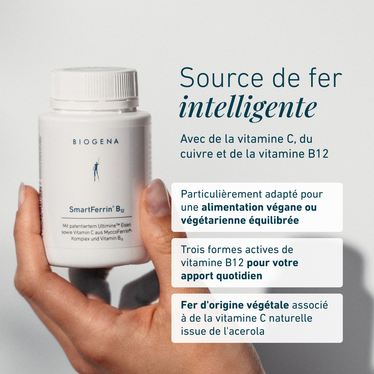 Biogena, SmartFerrin® B12, Bouteille, blanc, Avec du fer Ultimine™ breveté ainsi que de la vitamine C du complexe MyccoFerrin® et de la vitamine B12