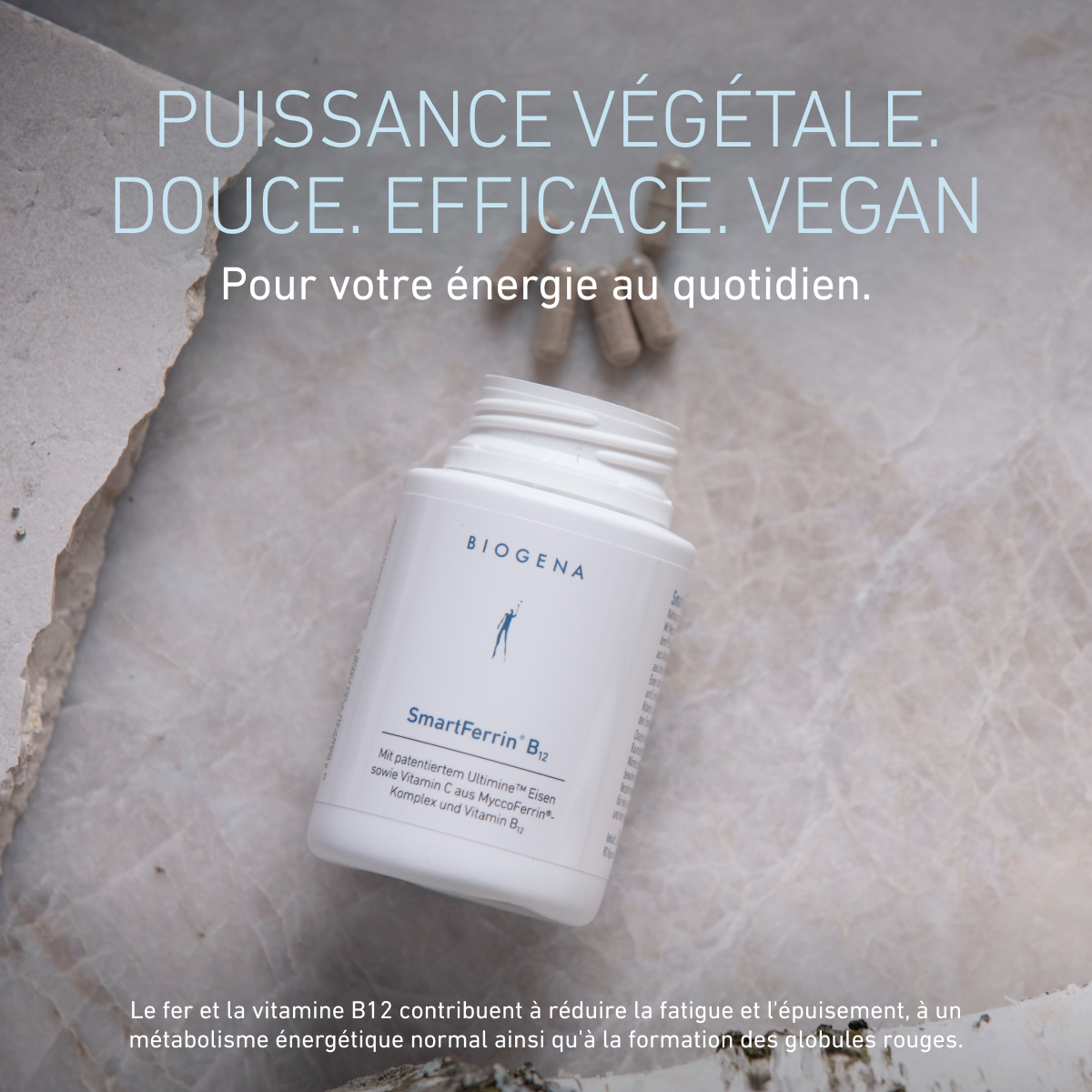 Biogena, SmartFerrin® B12, Bouteille, blanc, Avec du fer Ultimine™ breveté ainsi que de la vitamine C du complexe MyccoFerrin® et de la vitamine B12