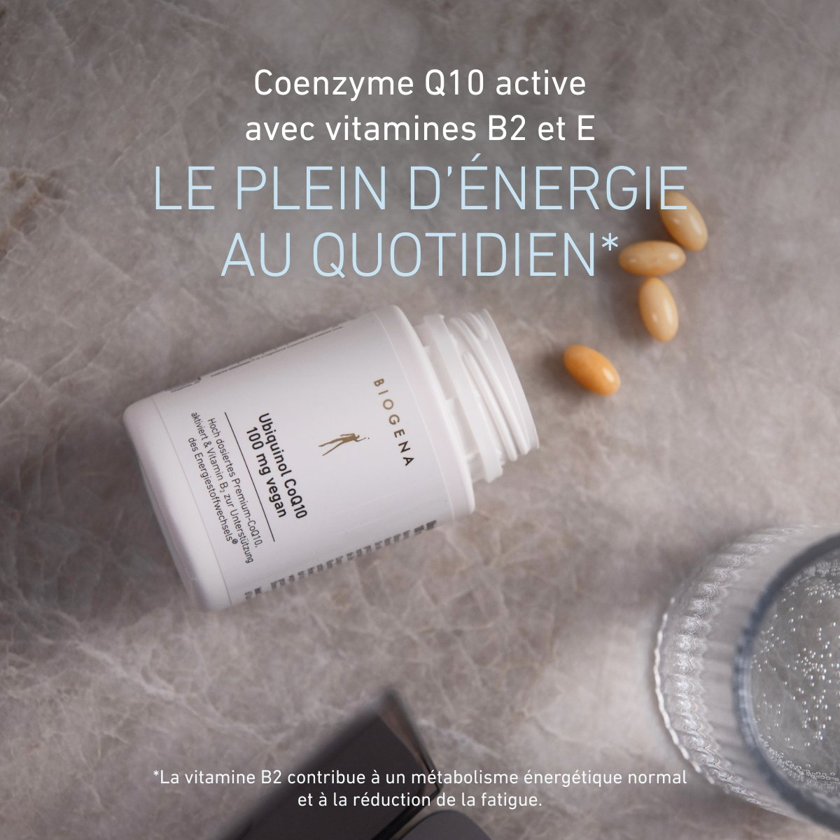 Biogena, Ubiquinol CoQ10 100 mg vegan, Bouteille, blanc, CoQ10 premium fortement dosé, activé et vitamine B2 pour soutenir le métabolisme énergétique®